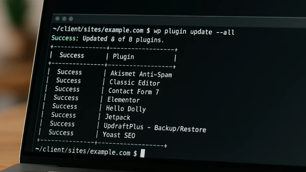 Terminal z otwartą sesją i komendą wp plugin update --all