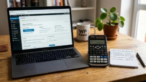 Kalkulator i laptop z otwartym panelem WordPress - koszty opieki nad stroną