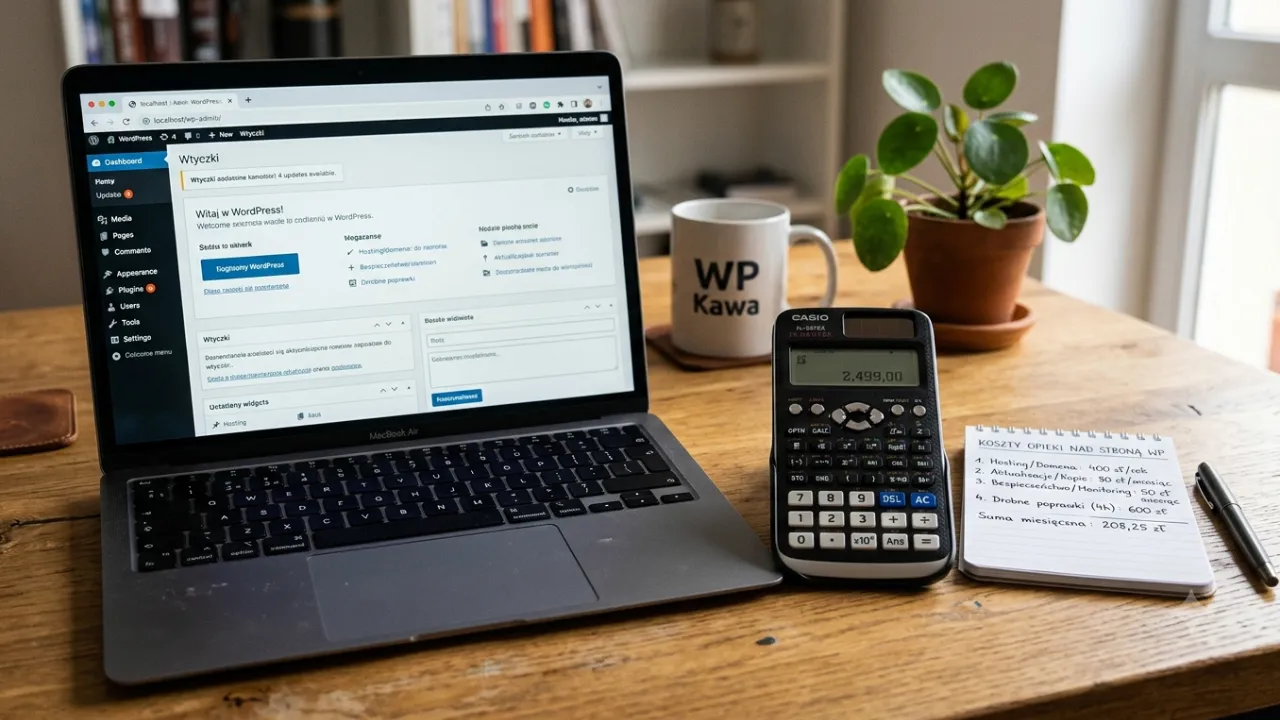 Kalkulator i laptop z otwartym panelem WordPress - koszty opieki nad stroną