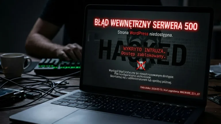Ekran z komunikatem o błędzie 500 na stronie WordPress po ataku hakerskim