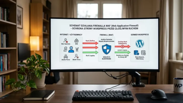 Schemat działania firewalla blokującego złośliwy ruch przed dotarciem do strony WordPress