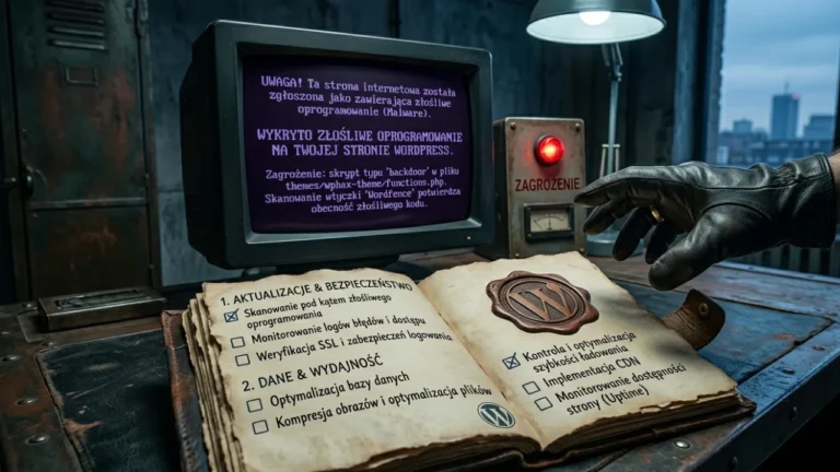Ekran komputera z ostrzeżeniem o złośliwym oprogramowaniu na stronie WordPress