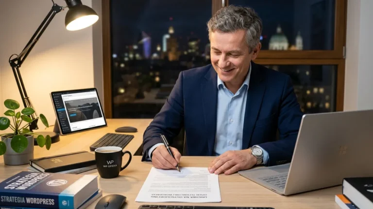Właściciel firmy podpisujący umowę na outsourcing opieki technicznej nad stroną WordPress